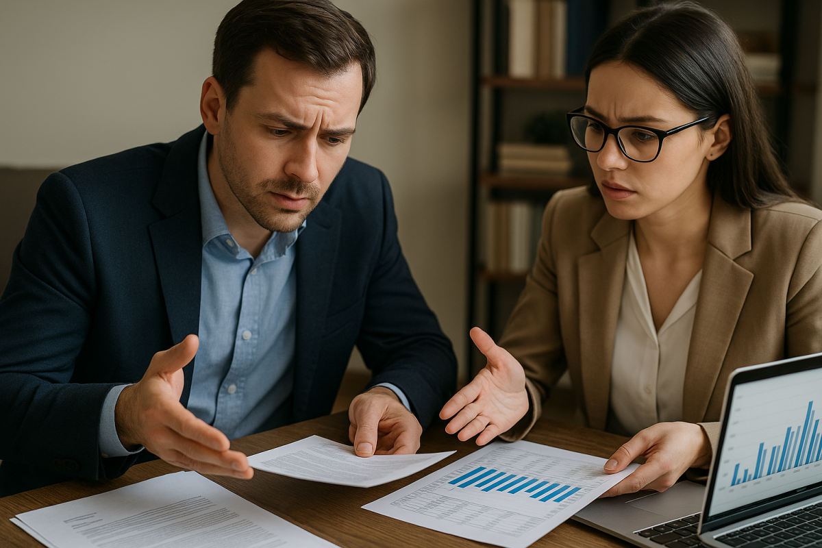 Homem e mulher analisam planilhas e documentos financeiros com seriedade em escritório, representando a etapa estratégica de elaboração de propostas em curso de licitação para iniciantes.
